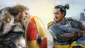 Artwork for Age of Empires 2: Definitive Edition's Victors and Vanquished expansion, showing Viking warrior Ragnar and Japanese legend Oda Nobunaga