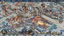 Gameplay for Age of Empires Mobile, showing avatars for characters in bubbles as a city is attacked