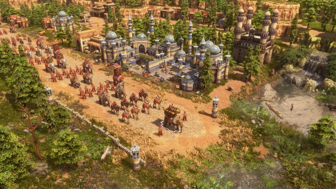 Kamelen en olifanten paraderen door een stad in leeftijd van Empires 3: Definitieve editie