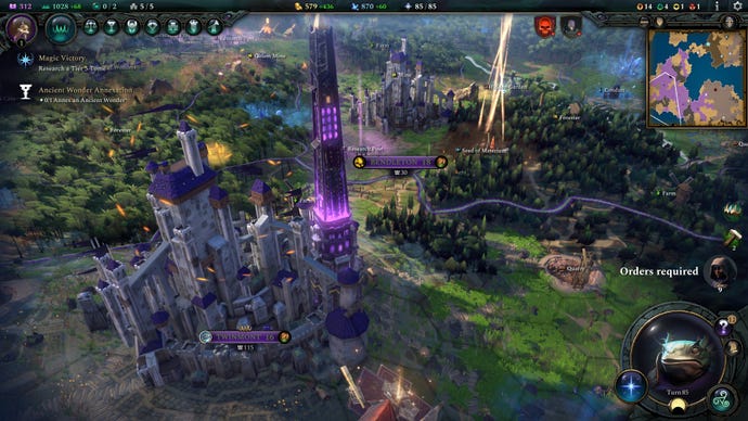 A city with a giant purple tower sits majestically on a fantasy map in Age Of Wonders 4