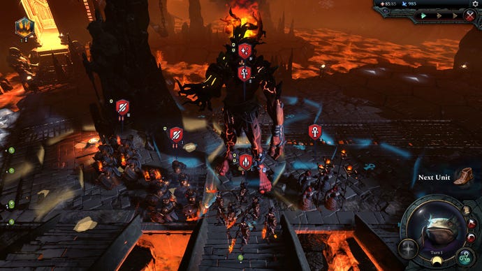 A colossal firmly titan stands above several bands of troops in Age Of Wonders 4