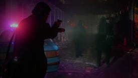 Alan Wake points his gun and flashlight in an Alan Wake 2 screenshot.