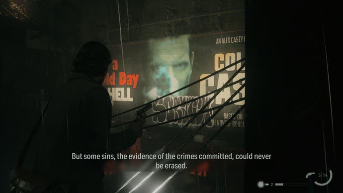A screenshot from Alan Wake 2 showing a billboard for an Alex Casey novel featuring Alex Casey/Sam Lake