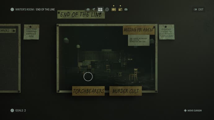 A screenshot from Alan Wake 2 showing a scene on Alan’s plot board in his Writing Room