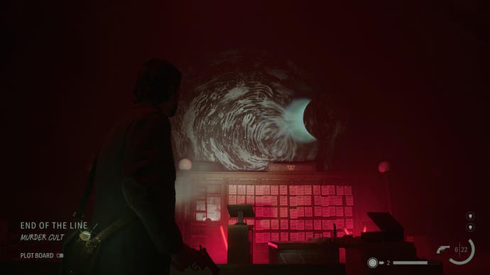 A screenshot from Alan Wake 2 showing a scene where Alan is aligning an echo to trigger a vision