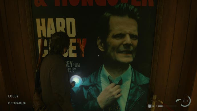 A screenshot from Alan Wake 2 showing Alan looking at a poster of Alex Casey/Sam Lake.