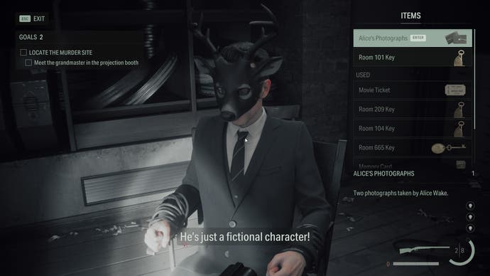 A screenshot from Alan Wake 2 showing a man in a deer mask tied to a chair saying “He’s just a fictional character!”
