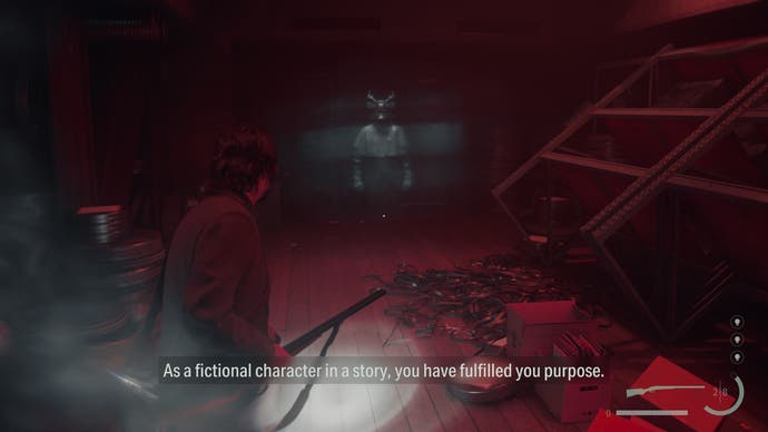 A screenshot from Alan Wake 2 where Alan is having a vision of a man in a deer mask with the dialogue “As a fictional character in a story, you have fulfilled you (sic) purpose.”