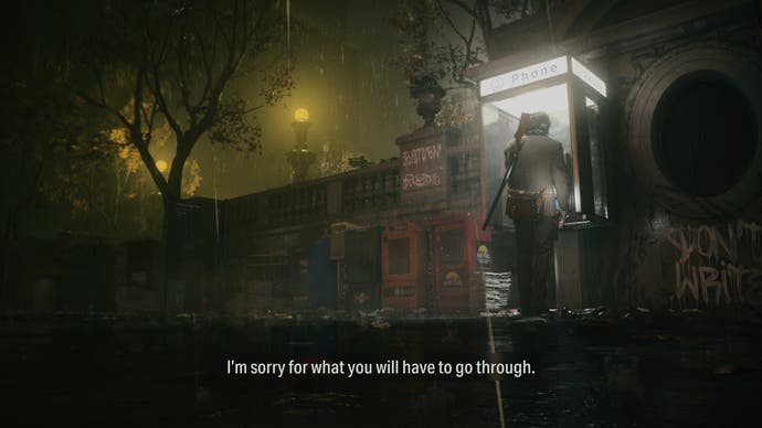 A screenshot from Alan Wake 2 showing Alan at lit-up phone booth on a misty New York street