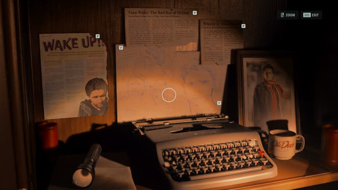 A screenshot from Alan Wake 2 showing a close-up of writing paraphernalia and press clippings related to Alan Wake in the game