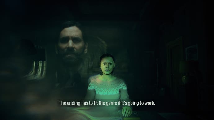 A screenshot from Alan Wake 2 showing Saga seated in her mind place, profiling Alan Wake with the text “The ending has to fit the genre if it’s going to work”