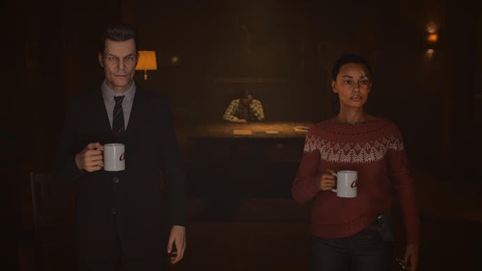 A screenshot from Alan Wake 2 showing Agent Casey and Saga in the foreground holding coffee mugs in perfect symmetry while Alan holds his head in the background