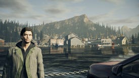 A screenshot of Alan Wake Remastered, showing Alan on a ferry approaching a town.