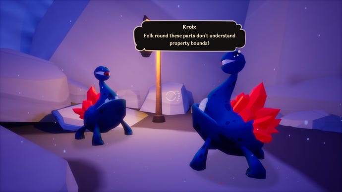 Two blue, almost crab-like creatures, each with a single eyestalk, shown in a screenshot of Alekon. One is saying to the other 'Folk round these parts don't understand property bounds!'