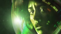 A green-tinged image of a young lady in an astronaut suit, close up, looking frightened as she turns to the camera and in the reflection of the visor, we see an alien. It's the xenomorph from Alien.