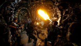 Marines in a hive blasting a xenomorph in an Aliens: Fireteam screenshot.