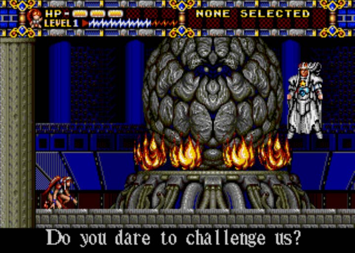 Alisia Dragoon cutscene shows a floating villain in white next to a giant rock on fire saying, "Do you dare to challenge us?"