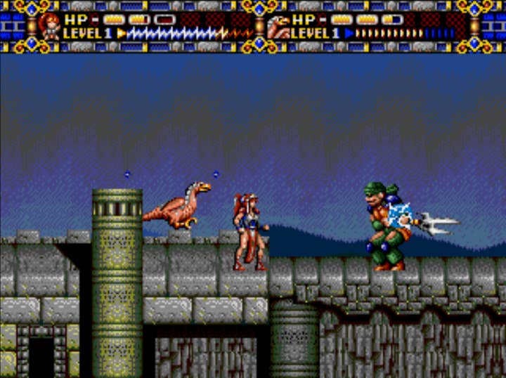 Alisia Dragoon screen with the player assisted by a phoenix monster against an inhuman soldier