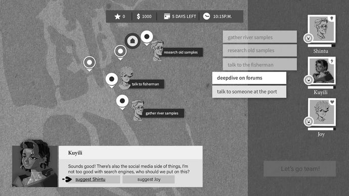 Ein Prototyp-Bildschirm des All Rise-Gameplays, der zeigt, wie der Spieler Teammitglieder verschiedenen Missionen zuweist