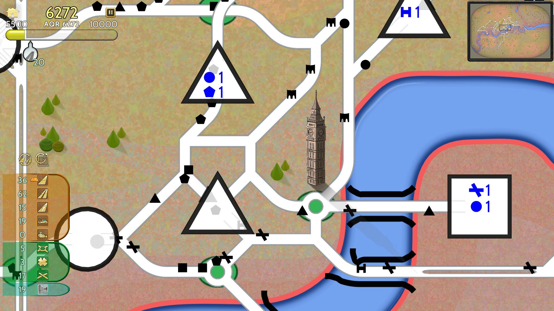 A close up of a complicated road and building structure in the 2D road-planning game All Quiet Roads