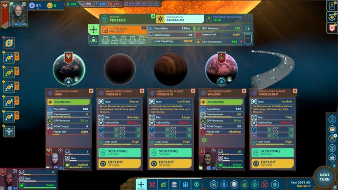 A menu screen showing the stats of several planets in Alliance Of The Sacred Suns