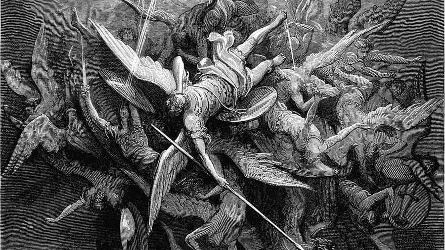 A crop of one of Gustave Doré's wood engraving for Book 1 of Milton's Paradise lost, showing Lucifer's fall: HIm the Almighty Power Hurled headlong flaming from the ethereal sky