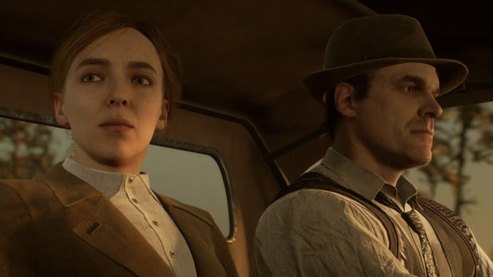 Emily Hartwood and Edward Carnby (played by Jodie Comer and David Harbour respectively) in a car as Carnby drives in the opening of Alone in the Dark
