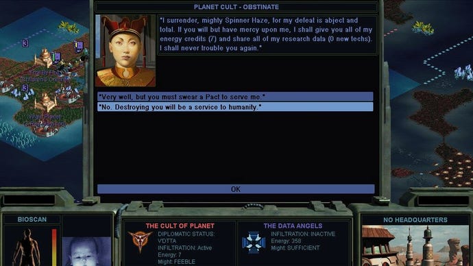 A member of the Cult of Planet surrenders in Sid Meier's Alpha Centauri