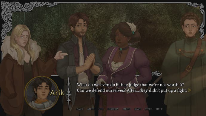 Dialogue from the fantasy visual novel Amarantus, in which characters discuss a mysterious murder and fear they're being watched from a tree.