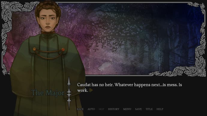 A scene from the fantasy visual novel Amarantus where the Major thinks the really challenging part of any revolution is what happens after.
