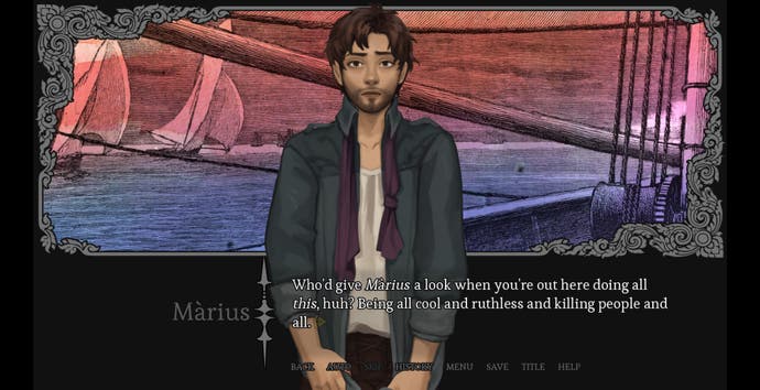 An ocean voyage scene from the fantasy visual novel Amarantus, in which Marius complains that you, Aric, are inadvertently blocking his romantic pursuit of another character.