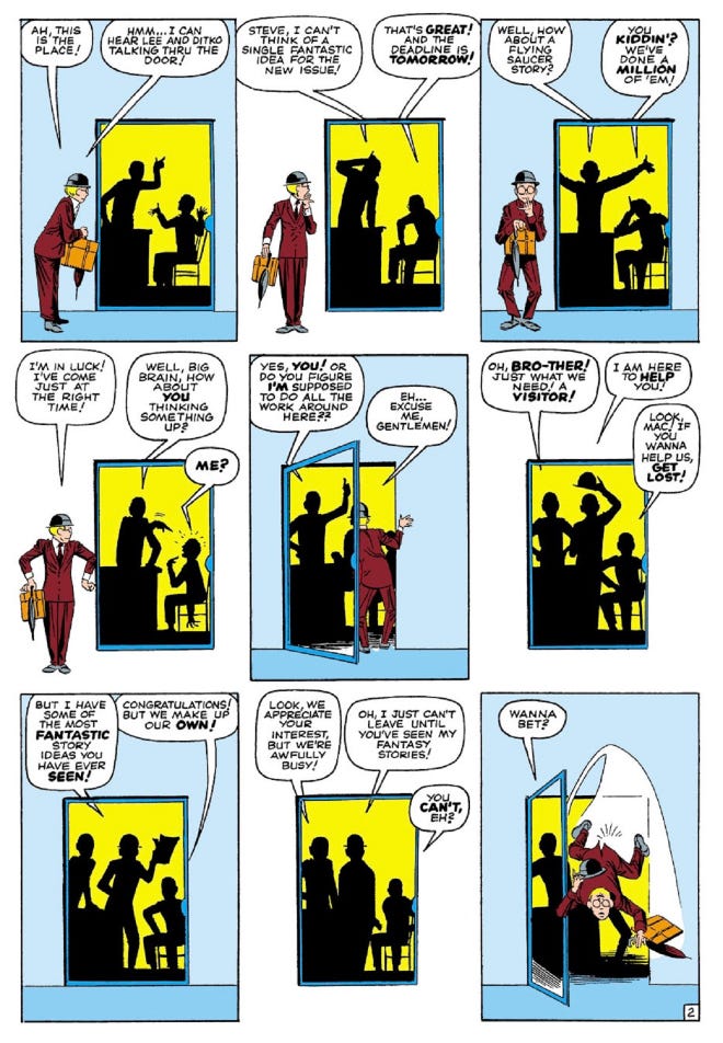 Nine panel page of "Stan and Steve" in the shadows behind iconic Spider-Man scene