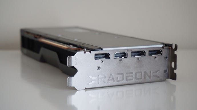 AMD's Radeon RX 6700 XT graphics card from the rear, showing its display outputs