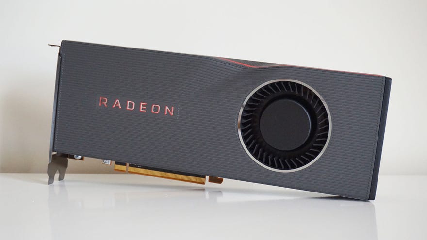 A photo of the AMD Radeon RX 5700 XT, in its stock cooler configuration.