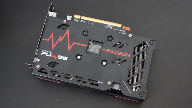 An AMD Radeon RX 6500 XT graphics card, showing its backplate.