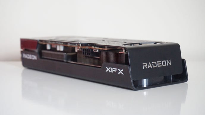 A photo of the AMD Radeon RX 6600 XT graphics card from the side