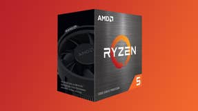 Image of an AMD Ryzen 5 5600 processor on a red to orange gradient background