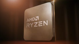A render of an AMD Ryzen CPU, standing upright against a gold background.
