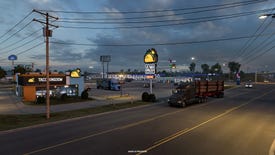 A lorry carrying logs drives past a Taco Kingdom fast food joint in American Truck Simulator's Arkansas expansion.