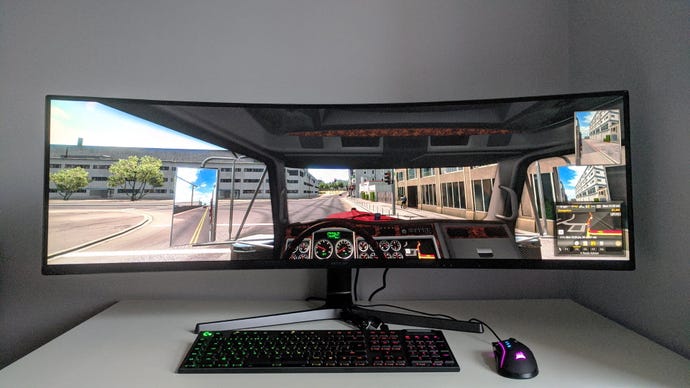 A photo of an ultrawide gaming monitor running American Truck Simulator