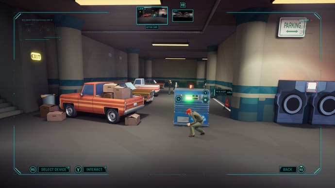 A screenshot of a side-on platforming section in American Arcadia. We see a man crouching behind a large box in a garage area.