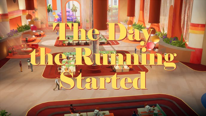 Text saying "The Day the Running Started" overlays a zoomed out shot of a pristine 1970s hotel foyer.