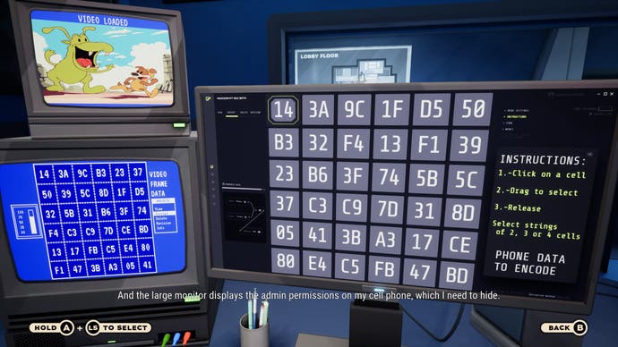 We see computer screens on a desk displaying tiles with letters and numbers, which must be matched much like an in-game word search.