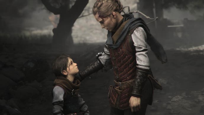 A Plague Tale brother and sister, Hugo and Amicia, look meaningfully at each other. They are bloodied and bruised and the world is against them. They have only each other.