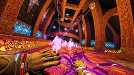 An Amid Evil VR screenshot showing a group of pink ghost enemies approaching the player in a tall hallway with wood beamed walls and stained glass decorations