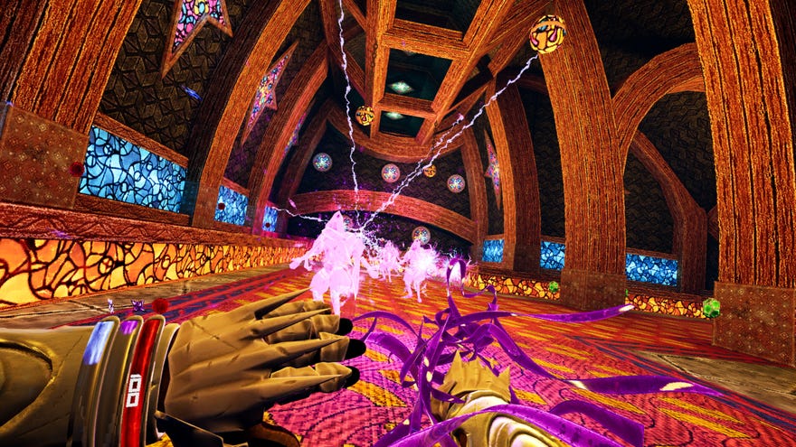 An Amid Evil VR screenshot showing a group of pink ghost enemies approaching the player in a tall hallway with wood beamed walls and stained glass decorations