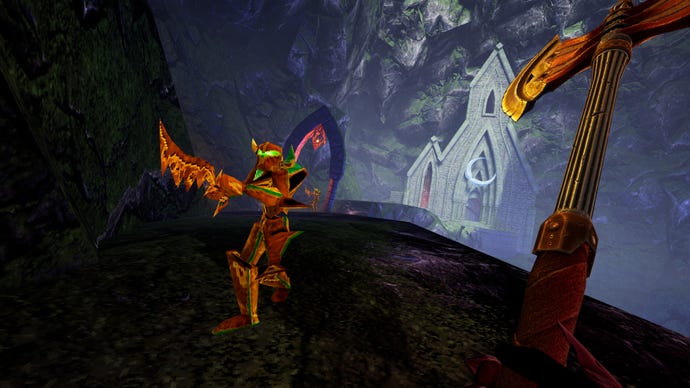 Swinging an axe at a rusty-looking demon approaching in Amid Evil VR. A church in a cliff face is in the background