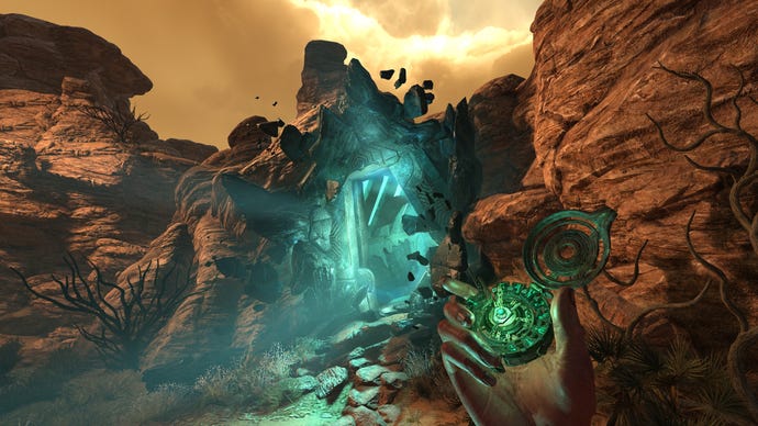  Rebirth, with the player opening a green portal in a cliffside using a clockwork locket.