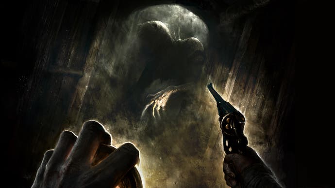 Artwork for Amnesia: The Bunker showing a scene viewed from the protagonist's perspective. His raised gun is visible in the foreground, pointing toward a shadowy creature looming in the centre of the image.