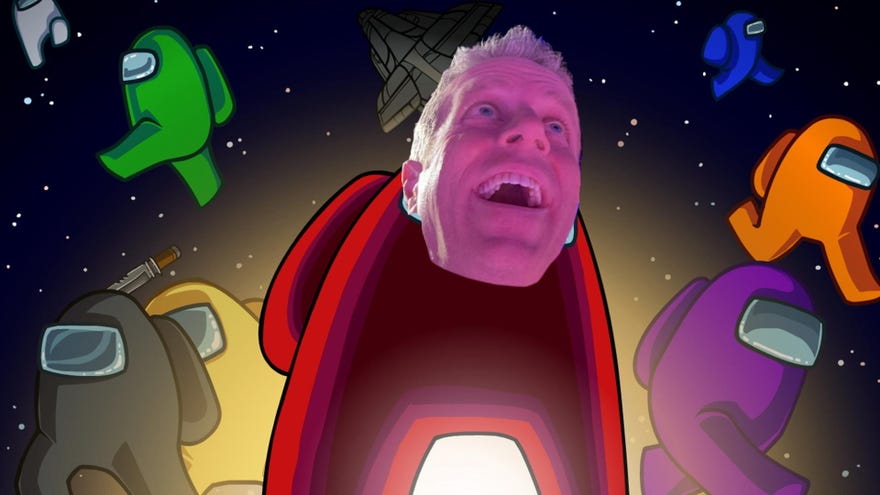 Artwork from Among Us with one bean sporting a photoshopped Geoff Keighley mask